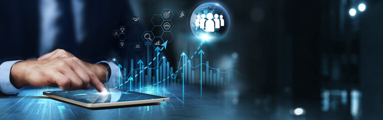 Human Resource: Businessman using tablet and analyzing technical growth by recruitment, training, employee engagement, performance management, talent development, retention.