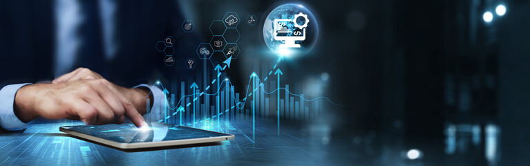 Software Development: Businessman using tablet and analysis technical growth by coding, debugging,...