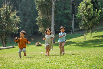 Obraz premium Three joyful and happy children are playing together joyfully in a beautiful outdoor setting