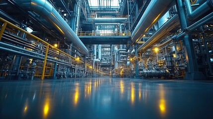 Fototapeta premium An industrial chemical factory displays a complex network of pipes and tanks, emphasizing the intricate technology involved.