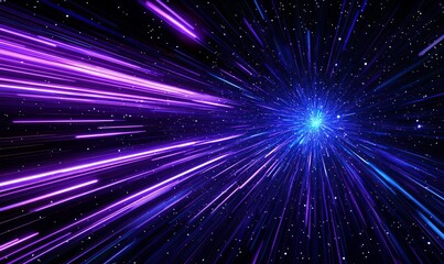 Fototapeta premium A cosmic explosion with blue and purple light streaks on a dark background.