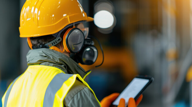 construction worker in safety helmet and goggles checks safety checklist on mobile device, ensuring compliance and safety on site