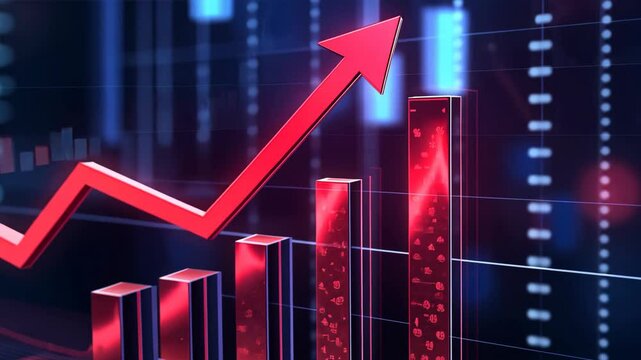 chart upward trend, arrow up, red glitter glow light on dark background with copy space, business and financial theme concept,	
