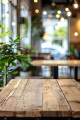 Empty wooden table in a cafe with blurred background.