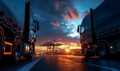 Two semi-trucks drive toward a port at sunset.