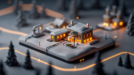 cozy winter scene featuring miniature town with illuminated buildings, surrounded by snow covered trees. warm lights create charming atmosphere, highlighting beauty of peaceful winter night