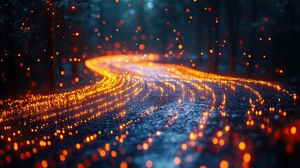 Obraz premium Binary data streams down a digital road, visualizing the concept of a data-driven pathway in a 3D illustration.