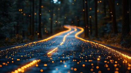 Binary data streams down a digital road, visualizing the concept of a data-driven pathway in a 3D illustration.