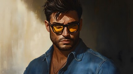 Portrait of a Man with Dark Hair and Yellow Sunglasses