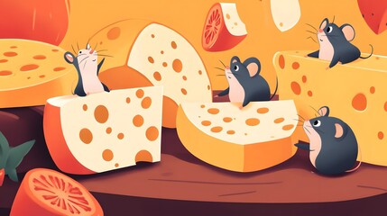 Four Mice Surrounded by Slices of Cheese and Tomatoes
