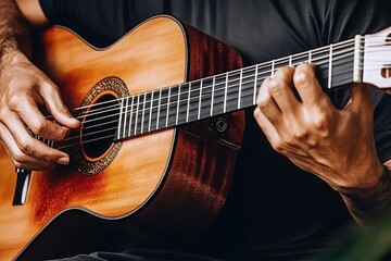 Fototapeta premium Close-Up of Musician Playing Vintage Acoustic Guitar