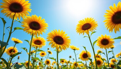 Obraz premium Yellow sunflowers in field facing sun on clear day