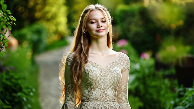pretty girl wearing vintage 18th century style dress walking at greenery garden