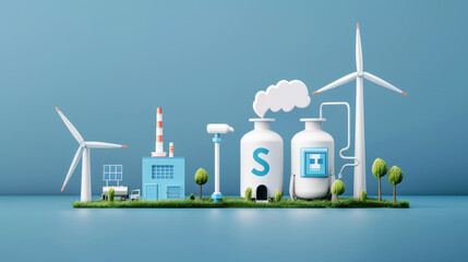 Sustainable energy production is depicted in this vibrant illustration featuring wind turbines, solar panels, and hydrogen storage. scene emphasizes eco friendly technology and innovation