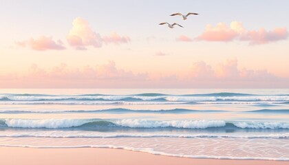 Obraz premium Peaceful seascape with gentle waves crashing on the shore, pink clouds, and birds in the distance. Perfect for a tranquil wallpaper or screensaver.