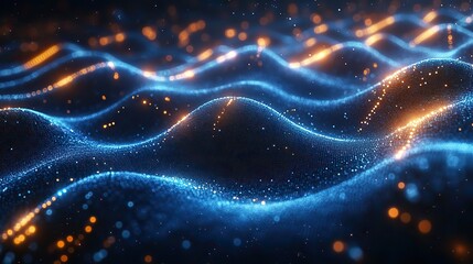 Digital motion graphics of particle waves flowing in cyber space, set against a defocused technological background.