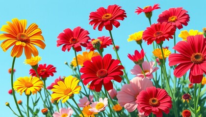 Fototapeta premium Colorful flowers blooming against a bright blue sky.