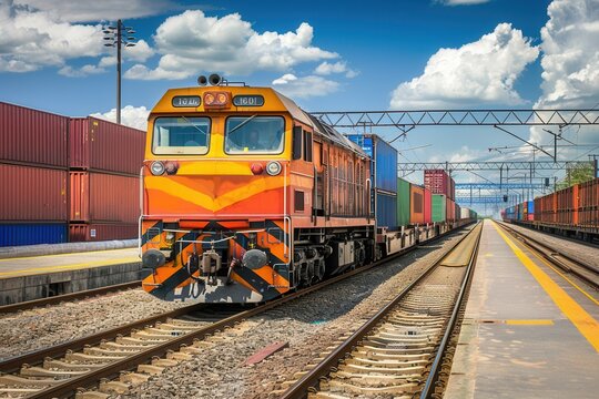 A freight train is being efficiently loaded with colorful containers at a railway station, showcasing logistical operations in action. Generative AI