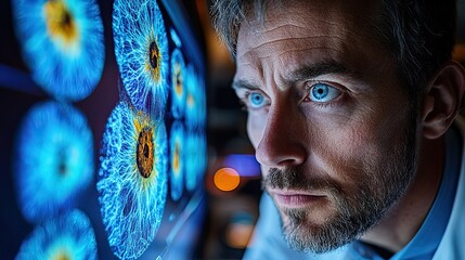 Doctors explore eye healthcare technology, utilizing futuristic overlays in a clinical setting to analyze conditions like cancer and glaucoma.