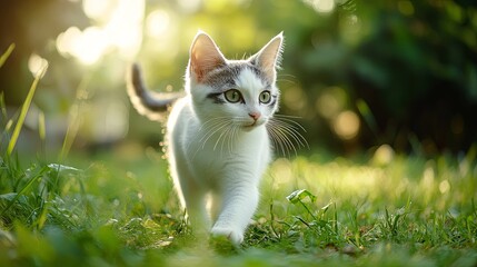 A white and grey kitten with green eyes walks on green grass in the sunlight.