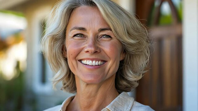 smiling 50 year old woman smiling at front of home