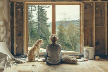 Young woman stands with her dog and looks out of the window while making repairment of a new house on nature. Creative process of home renovation and repair, friendship with pets concept