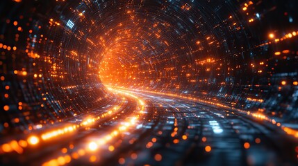 Fototapeta premium Dynamic scene of optical fibers extending from deep within a technology background, emphasizing data flow and connectivity.