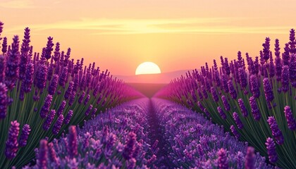 Obraz premium Scenic view of a lavender field at sunset