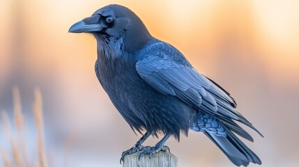 Fototapeta premium Raven Perched on Post.