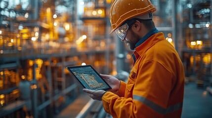 Engineers use a tablet at a construction site, integrating 5G technology and digital interfaces for project development.