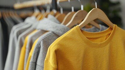 Hoodies of different colors and styles on clothes rack hangers in a modern clothing store or outdoor market, close-up