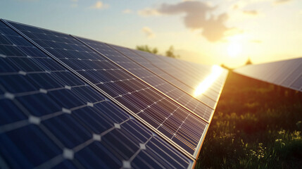 A solar panel farm with rows of solar panels stretching into the distance
