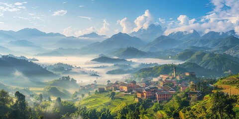 A picturesque village nestled in a valley, surrounded by misty mountains and a blue sky with fluffy clouds.