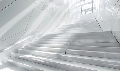 Obraz premium Modern white staircase in a futuristic building with a large window at the top.
