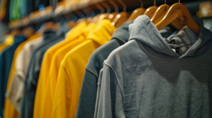 Hoodies of different colors and styles on clothes rack hangers in a modern clothing store or outdoor market, close-up
