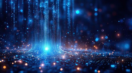 Fototapeta premium Fiber optics form a network cable against a technological background, showcasing the integral role of fiber in modern communication.