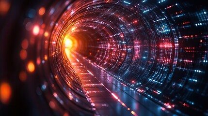 Fototapeta premium Flying through a digital tunnel, this futuristic scene features a technology abstract background with lines representing network data for high-speed internet connections.