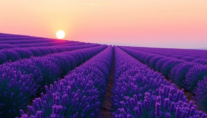 Naklejka premium Lavender field with a sunrise in the background.