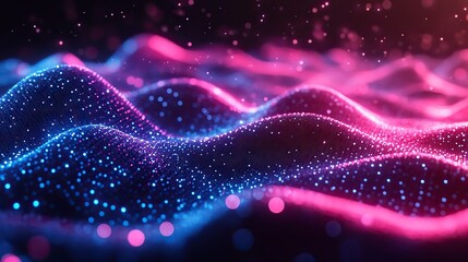 Future technology is depicted as a dynamic wave of blue and pink lines, representing massive data transmission on a digital canvas of science and innovation.