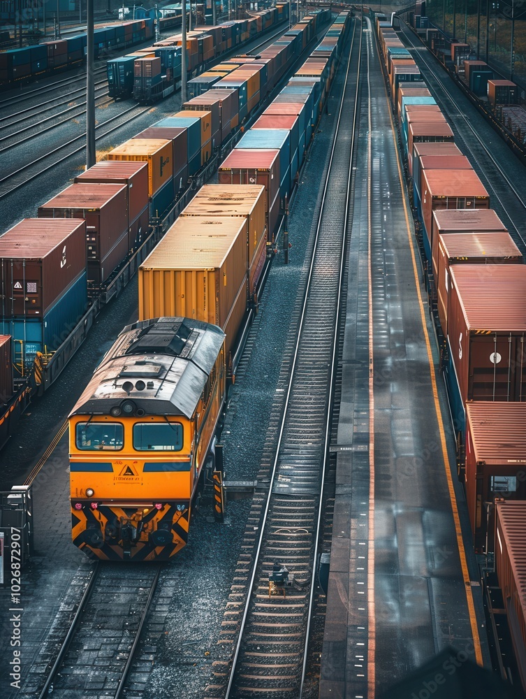 Poster A freight train is being loaded with colorful containers at a bustling railway station during early morning hours. Generative AI