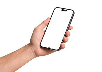 Hand holding smartphone isolated on white background. Concept for business finance, Technology concept, Product advertising concept and Marketing concept. High quality image for you.