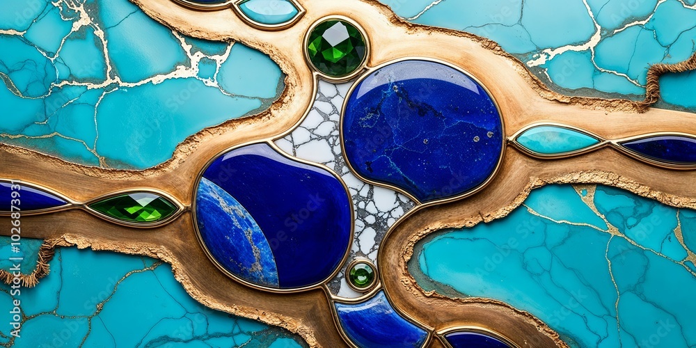 Wall mural Abstract gemstone pattern with turquoise, lapis lazuli, and gold.