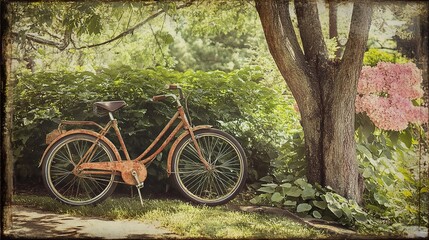 Fototapeta premium Vintage Bicycle by Tree in a Lush Garden