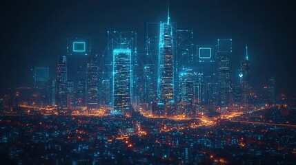 Fototapeta premium Icons of 5G networking, social media, and applications illustrate the technology of internet connections in urban settings.