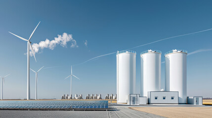 Futuristic green hydrogen plant with wind turbines and solar panels, showcasing renewable energy technology and sustainable development