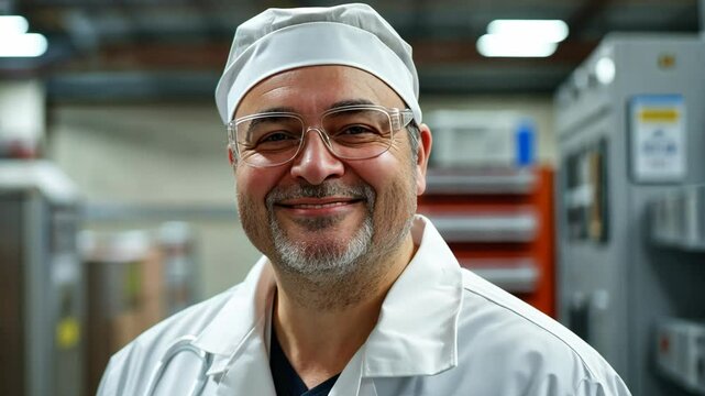food industrial staff worker at factory wearing white lab gown and white cap