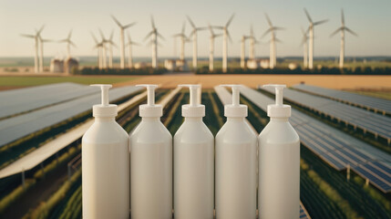 Sustainable production is showcased with white bottles in front of wind turbines and solar panels, symbolizing eco friendly practices and renewable energy