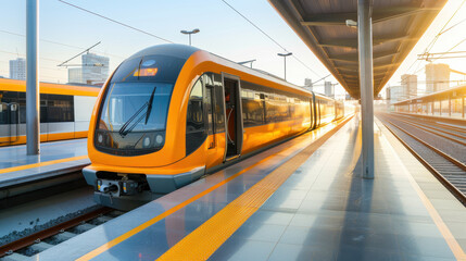 Fototapeta premium modern train at sleek transportation hub, showcasing vibrant orange colors and well designed platform. scene captures essence of futuristic travel and urban design