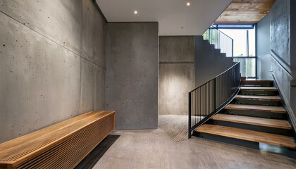 Loft interior design of modern entrance hall with staircase and rustic wooden bench near concrete wall with copy space.
