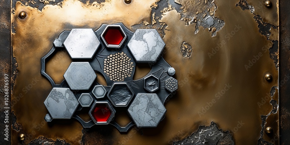 Poster Abstract metallic hexagonal pattern with red accents on a grunge background.